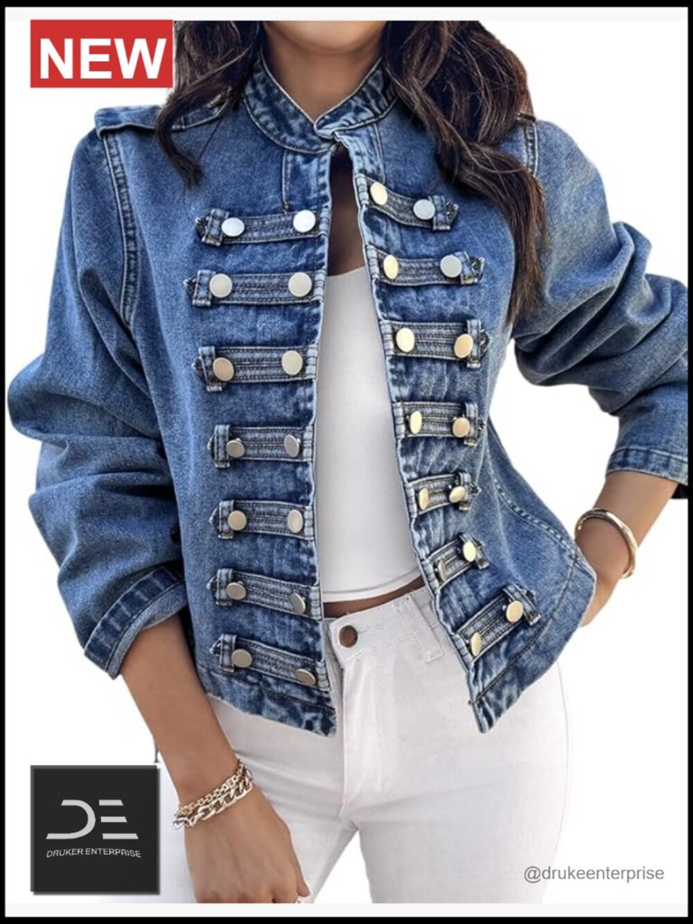 Denim Jacket Button Up Stand Collar Casual Long Sleeve Lightweight Fall Coat